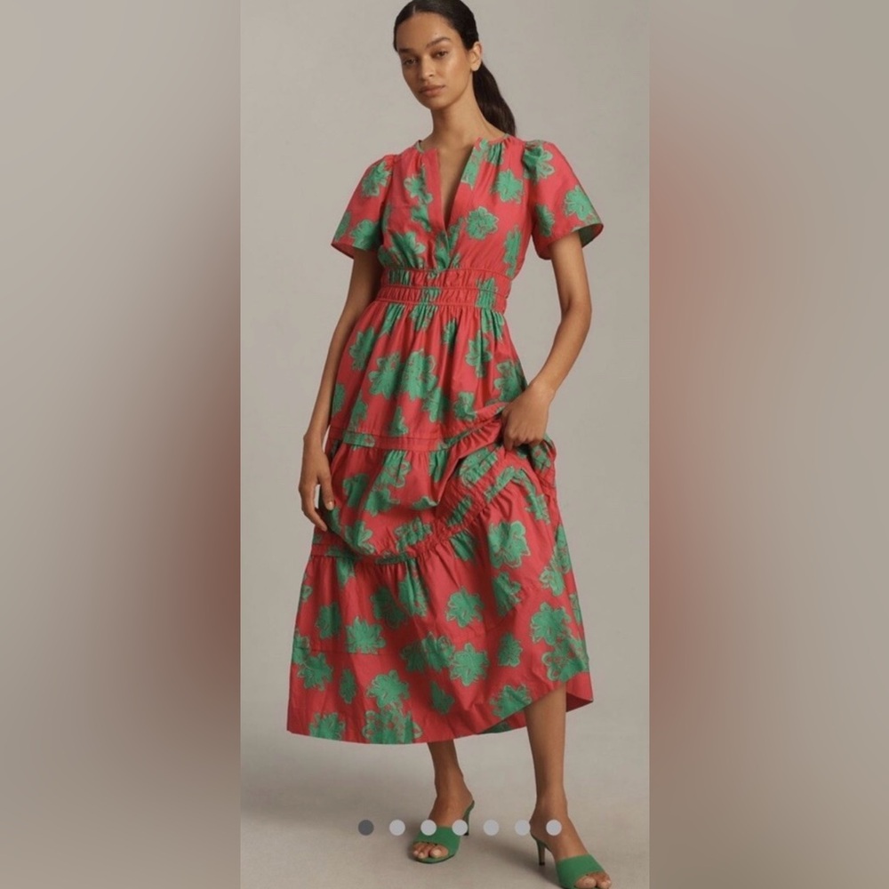 Anthropologie Red and Green Floral Maxi Dress